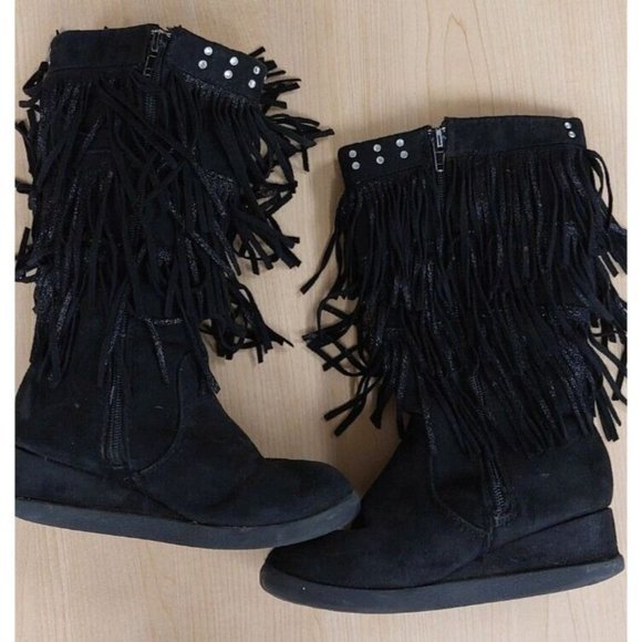 JUSTICE GIRLS BLACK FAUX SUEDE FRINGE RHINESTONE ZIP BOOTS SIZE 2 - Picture 6 of 7